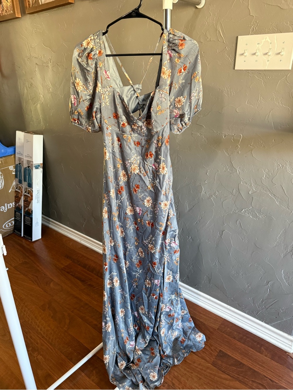 Altar'd State Slate Blue Floral Maxi Dress with Puff Sleeves
